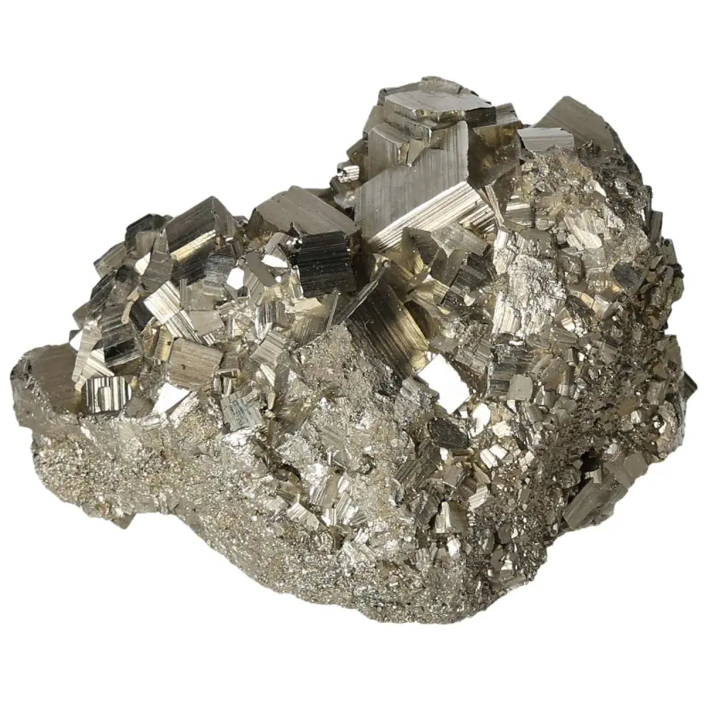 Superior quality pyrite cluster displaying natural geometric formations and metallic luster, perfect for collectors and decor.