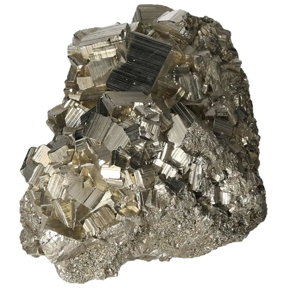 Superior quality pyrite cluster with geometric formations and metallic luster, showcasing natural cubic structures.