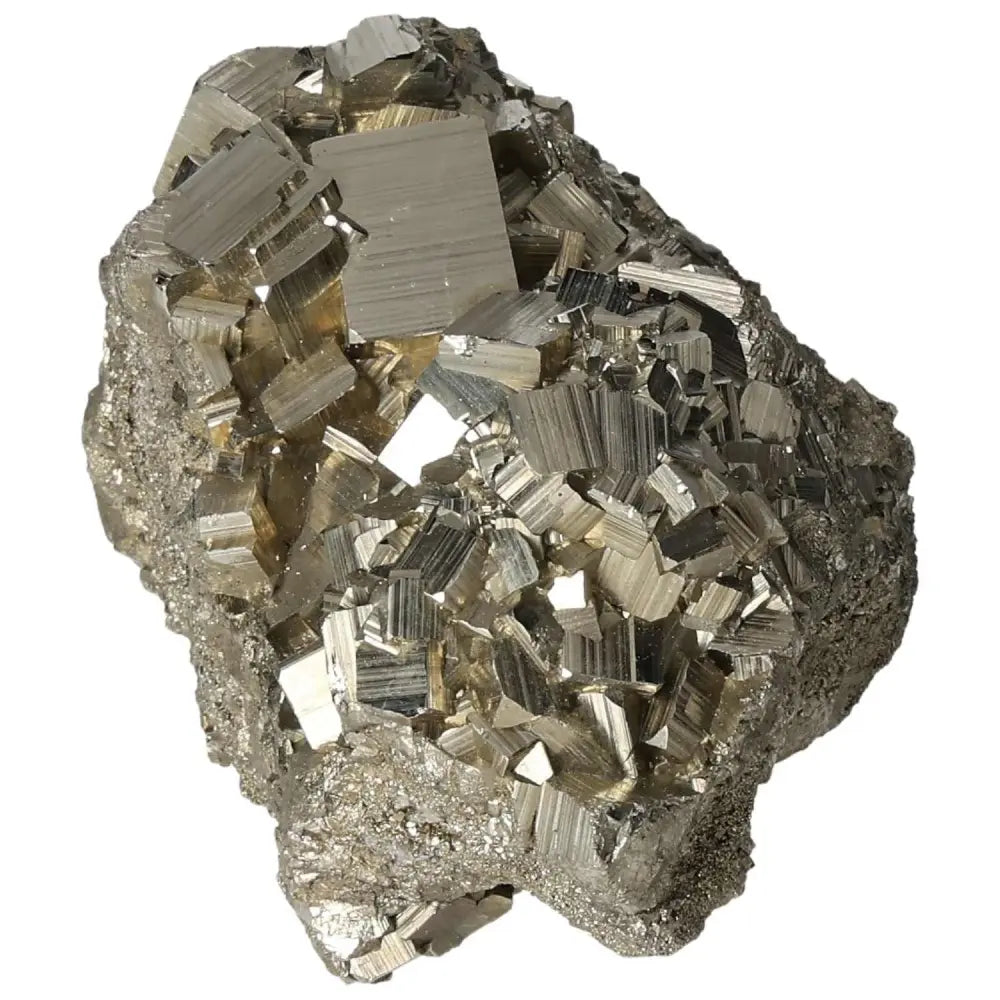 Superior quality pyrite cluster with geometric formations and metallic luster, showcasing natural elegance and brilliance.