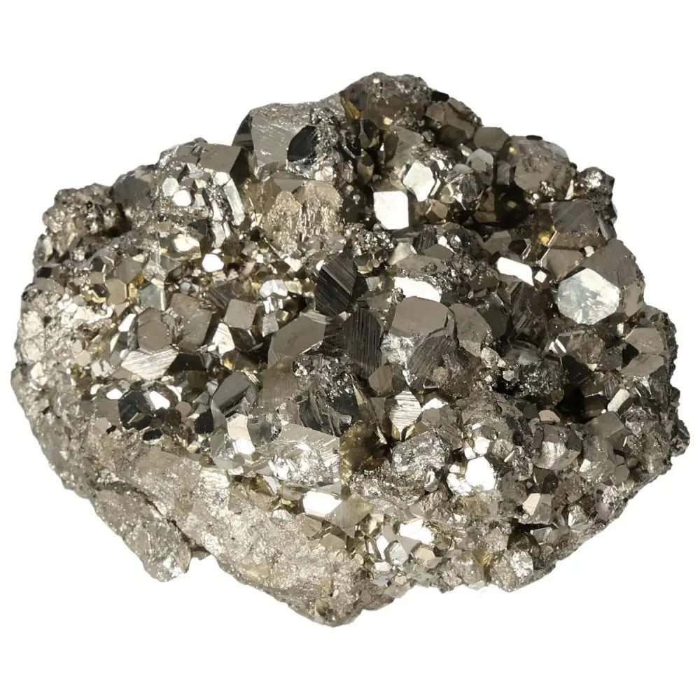 Superior Quality Pyrite Cluster showcasing geometric metallic luster, featuring intricate natural cubic formations, ideal for collectors.