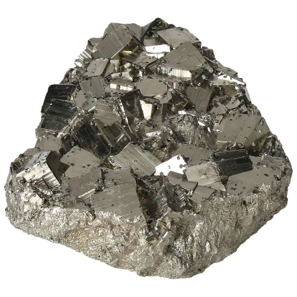 Superior quality pyrite cluster with geometric formations and metallic luster, showcasing natural elegance and cubic structures.