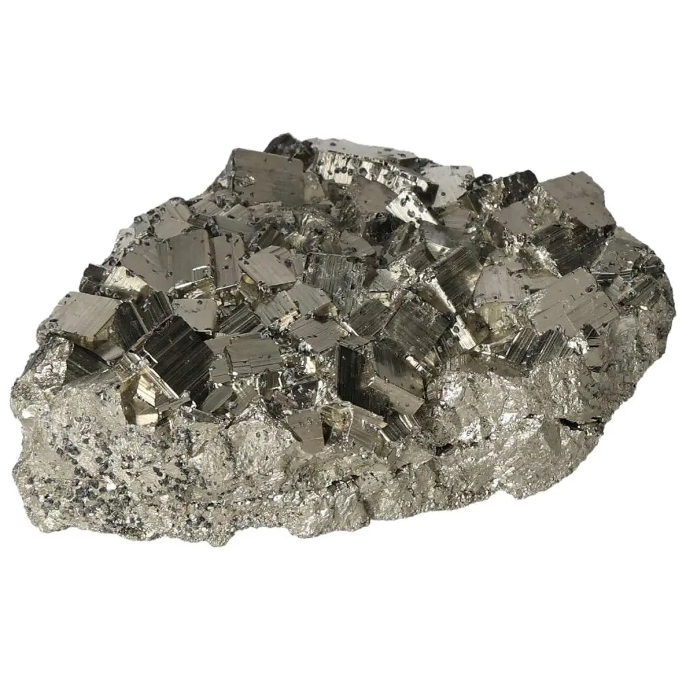 Superior Quality Pyrite Cluster with geometric cubic formations and metallic luster, sourced from premium deposits.
