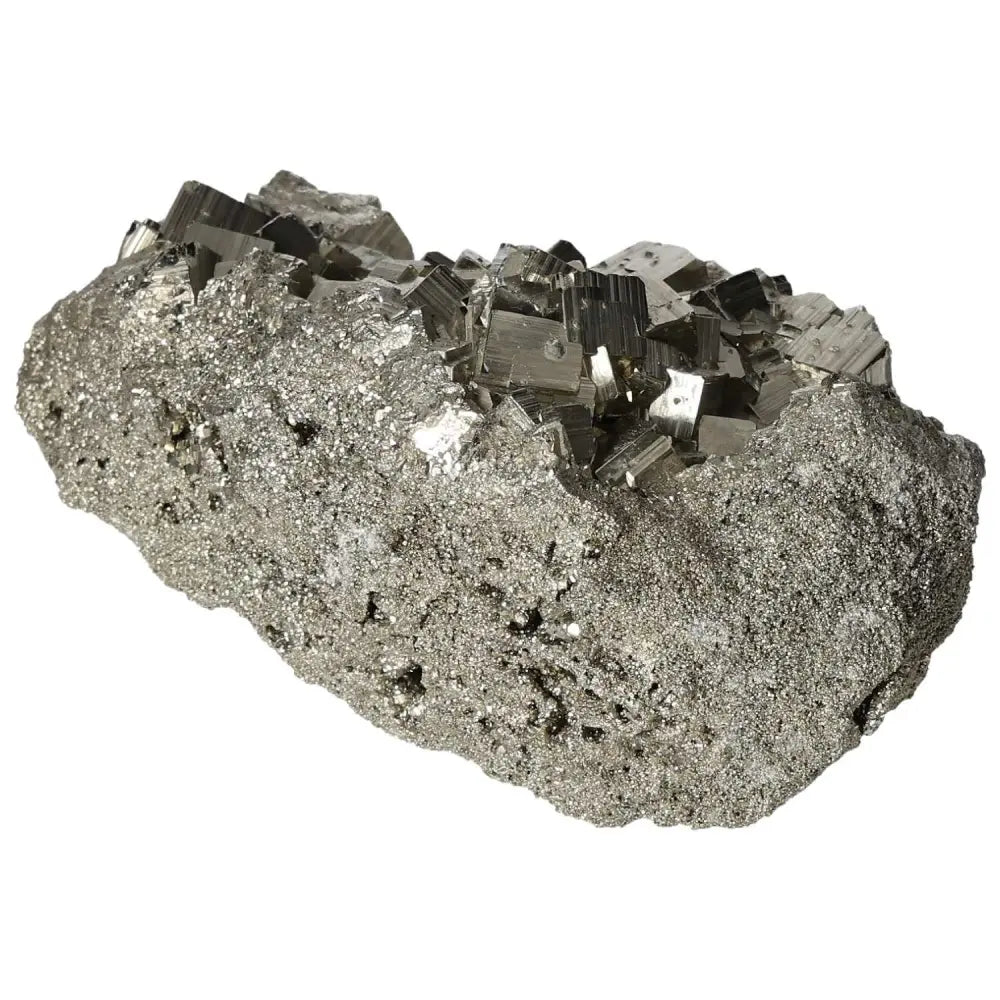 Superior quality pyrite cluster with metallic luster and geometric formations, showcasing natural elegance and brilliance.