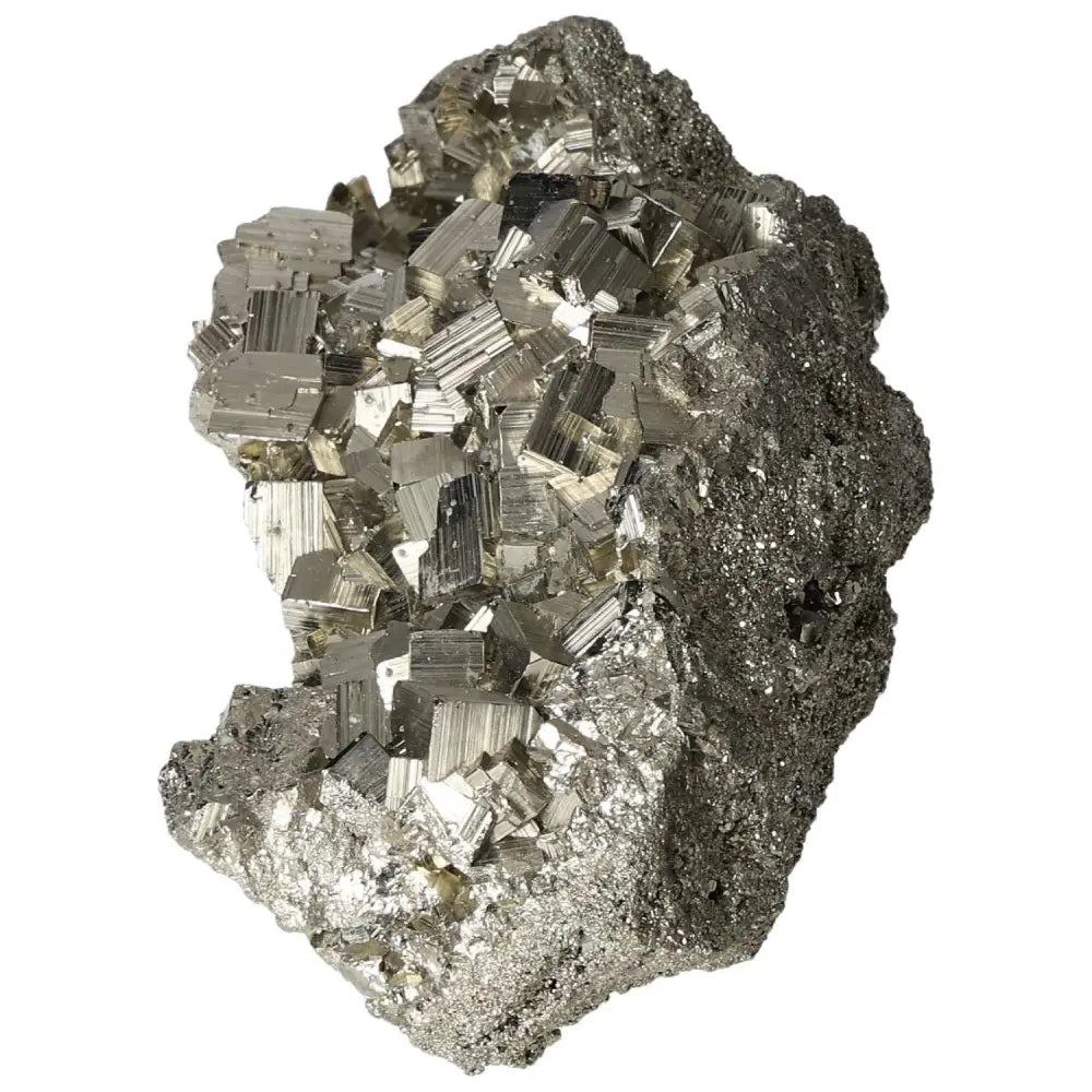 Superior quality pyrite cluster with geometric formations and metallic luster on a white background