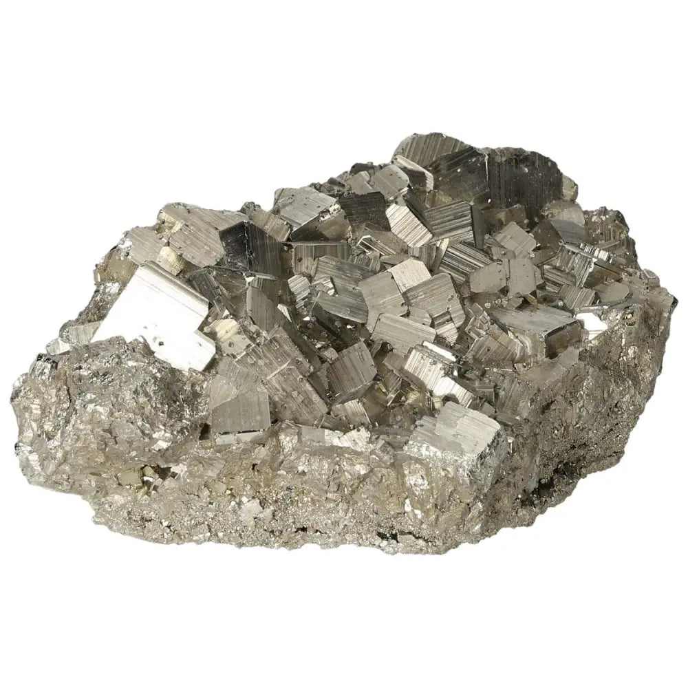 Superior quality pyrite cluster with natural cubic formations and metallic luster, showcasing geometric brilliance.