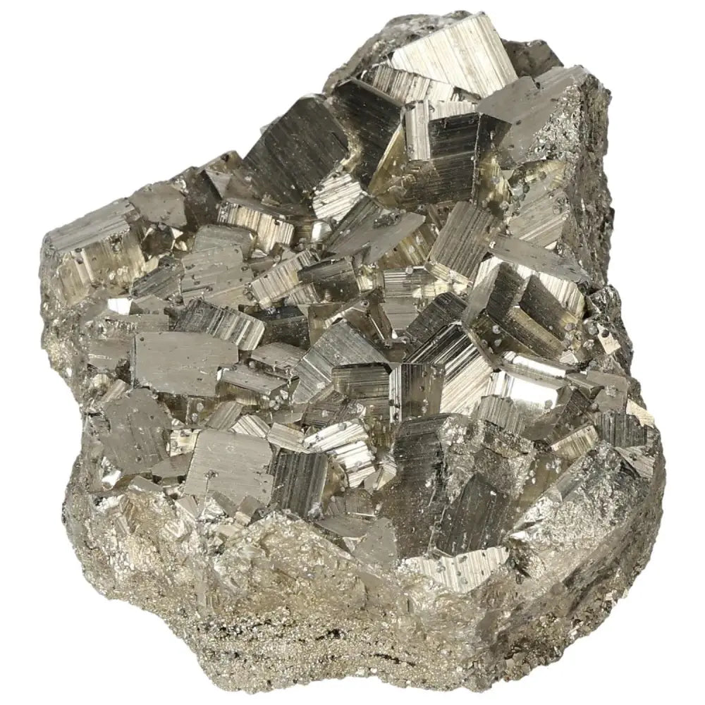 Superior quality pyrite cluster with geometric formations and metallic luster, showcasing natural beauty and elegance.