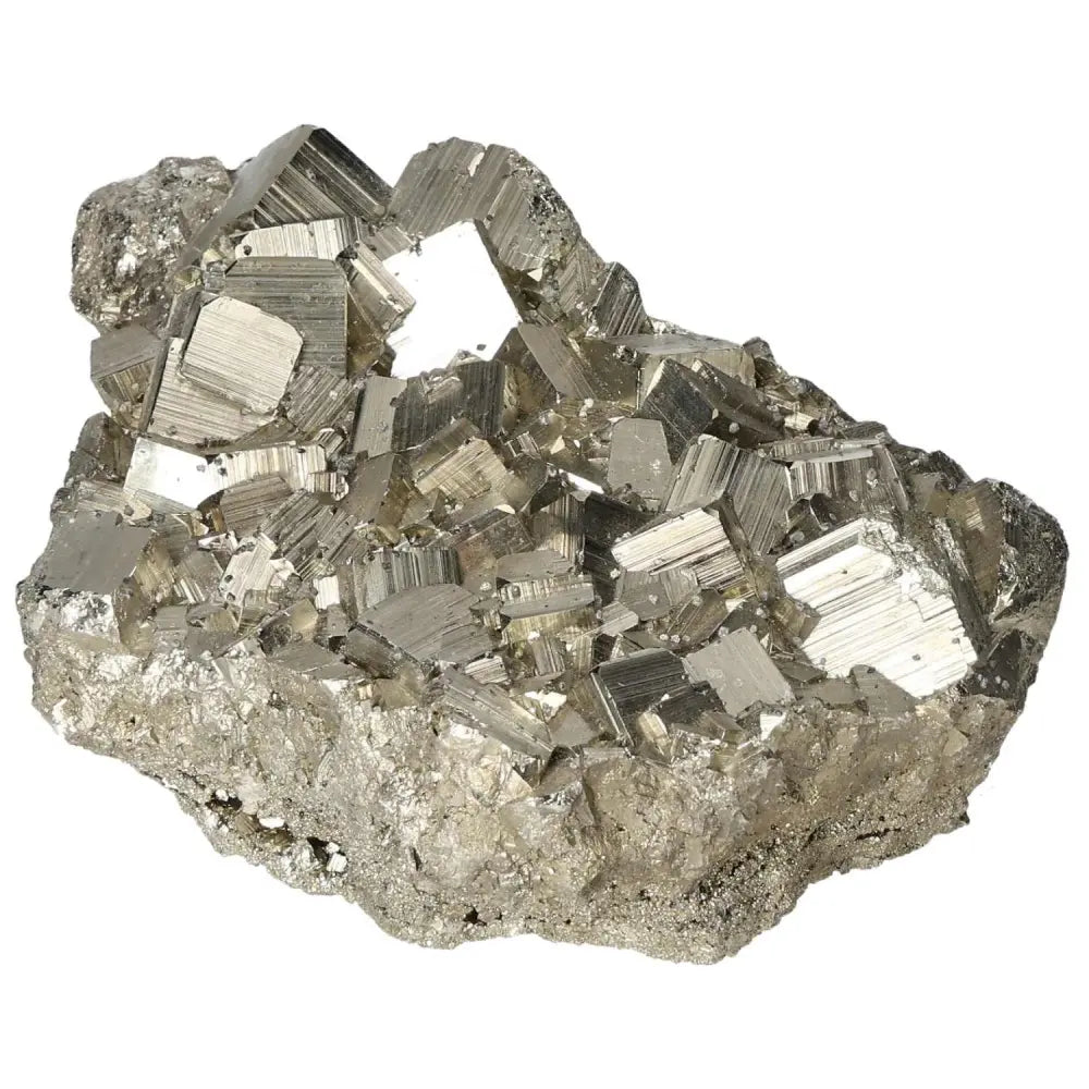 Superior quality pyrite cluster with geometric cubic formations, showcasing metallic luster from premium deposits.