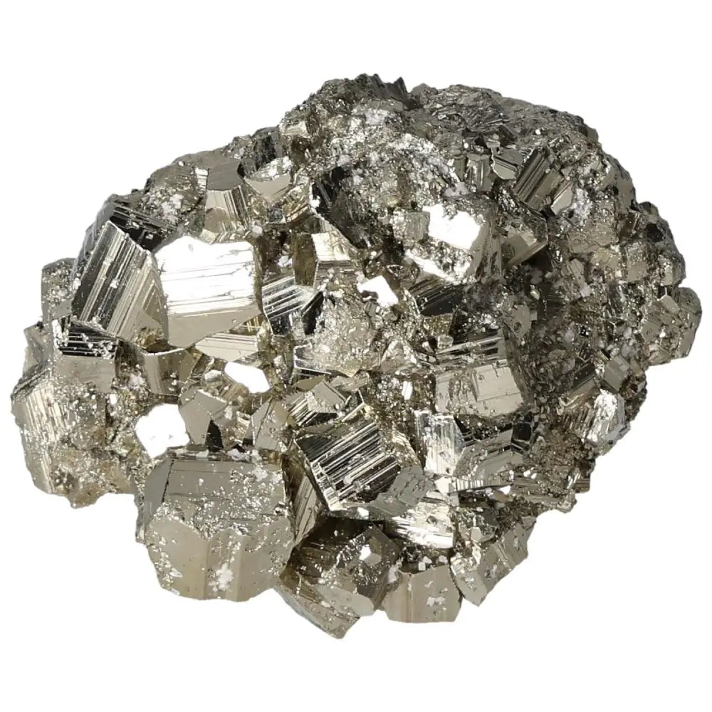 Superior quality pyrite cluster with cubic formations and metallic luster, showcasing geometric brilliance in natural form.