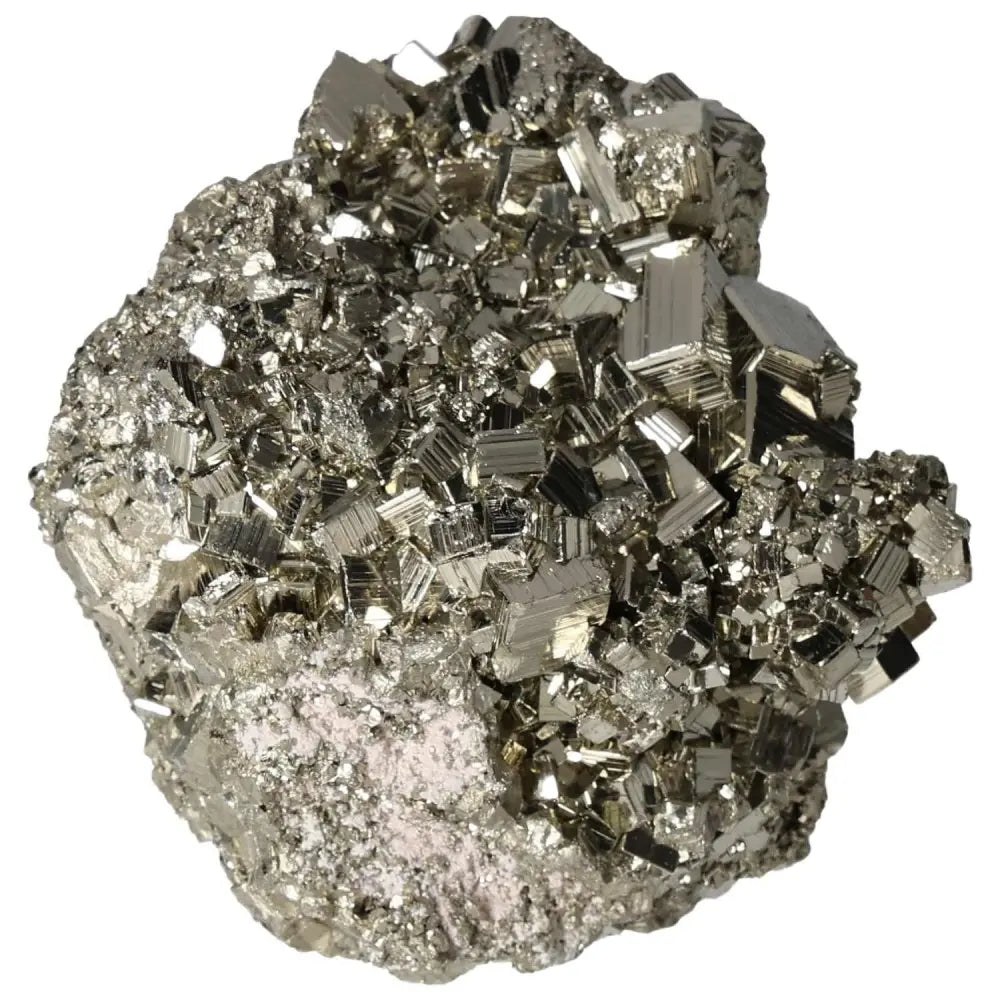 Superior quality pyrite cluster with geometric formations and metallic luster, showcasing intricate natural detail.