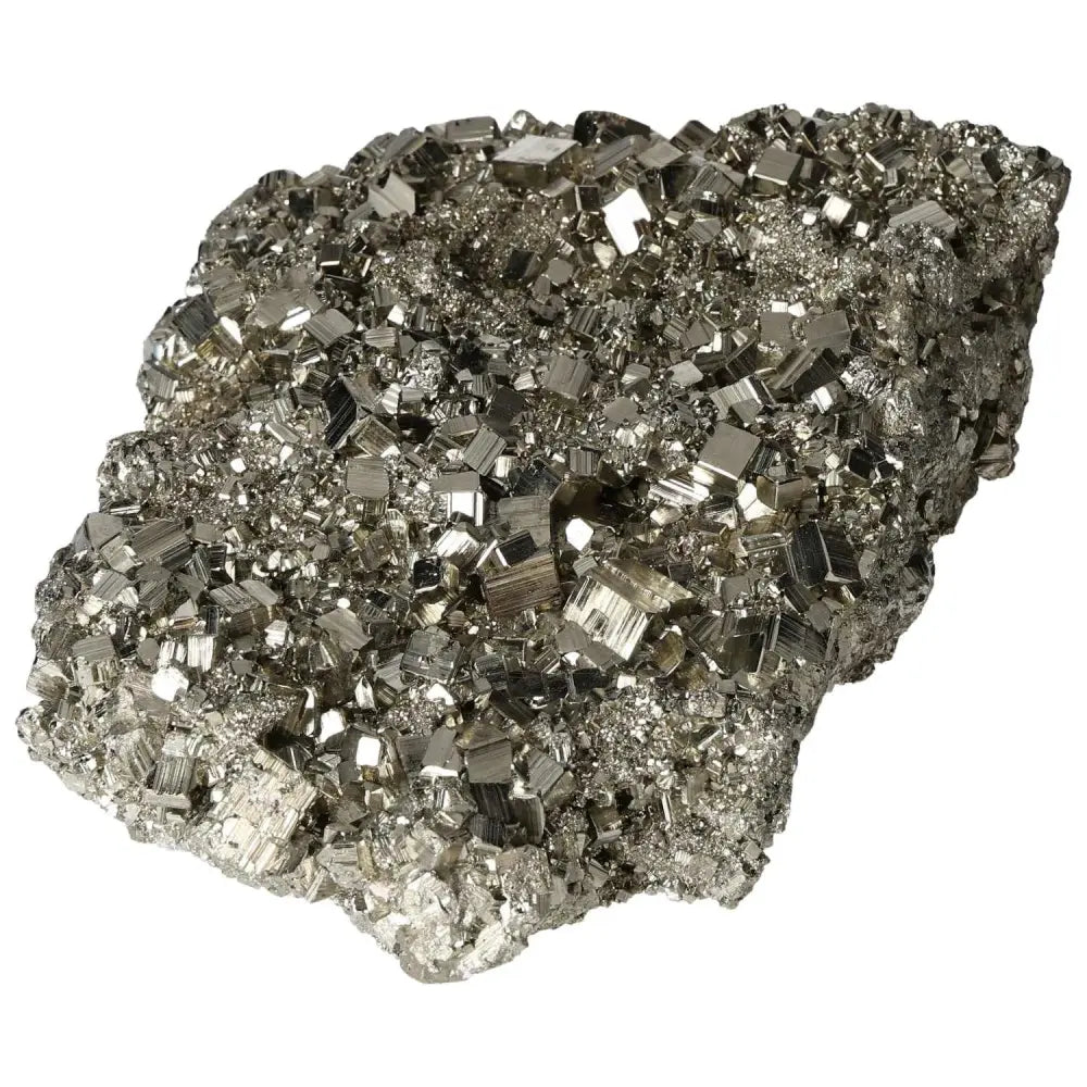 Superior quality pyrite cluster with metallic luster, showcasing cubic geometric formations and sculptural details.