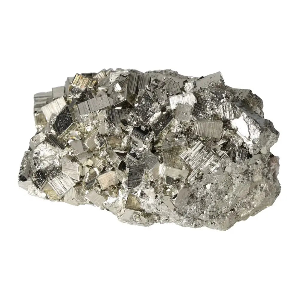 Superior quality pyrite cluster with metallic luster and geometric formations showcasing natural cubic brilliance.