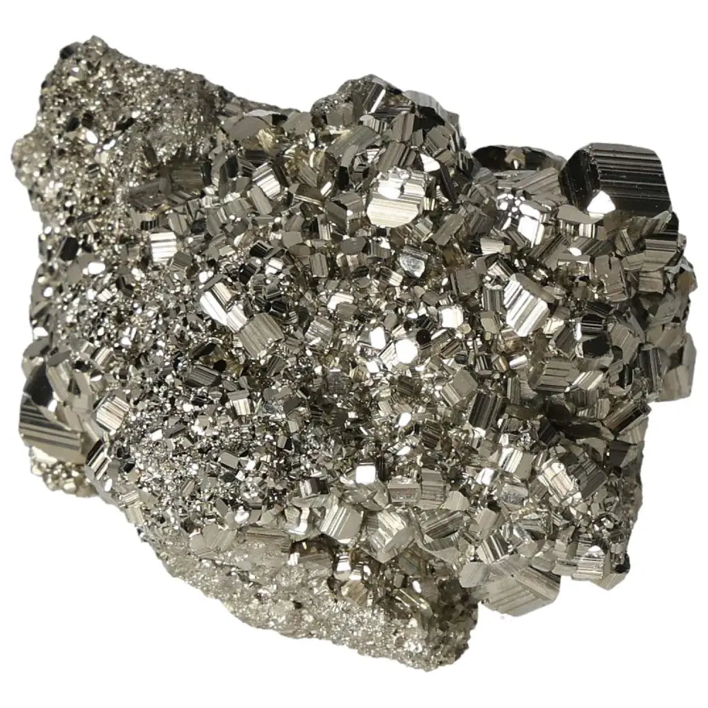 Superior quality pyrite cluster with geometric cubic formations, showcasing a metallic luster in intricate detail.