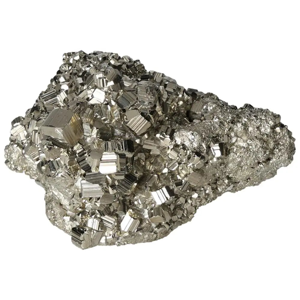 Superior quality pyrite cluster with natural cubic formations and metallic luster, showcasing geometric brilliance and elegance.