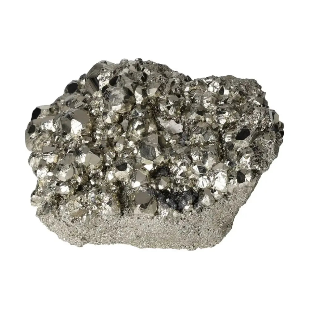 Superior quality pyrite cluster with cubic formations and metallic luster, showcasing natural geometric brilliance.