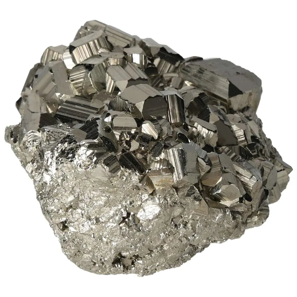 Superior quality pyrite cluster with geometric formations and metallic luster, showcasing natural elegance and brilliance.