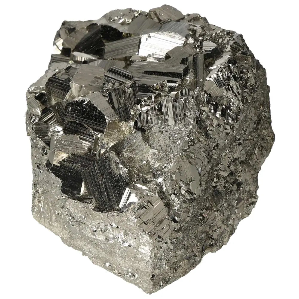 Superior Quality Pyrite Cluster with geometric cubic formations and metallic luster, showcasing exquisite natural detail.