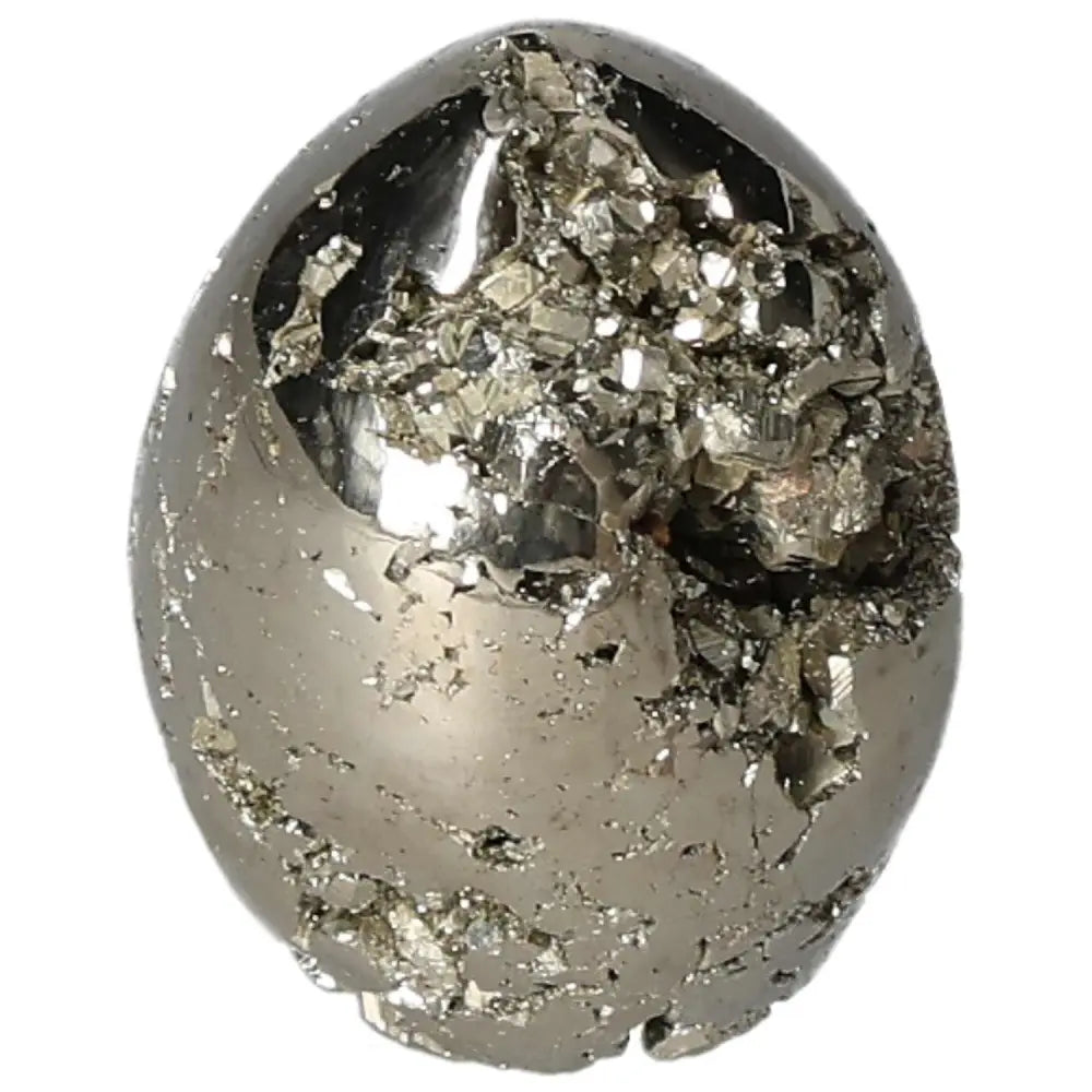 Superior quality pyrite egg with metallic luster and geometric formations, showcasing natural brilliance.