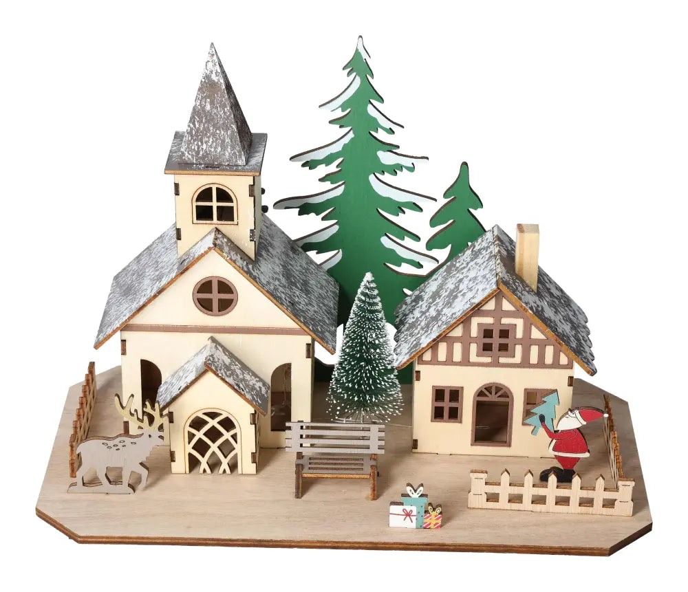 Table Deco Village House LED 27 cm by Sylvia Crystals, featuring illuminated elegant village scene with reindeer and Christmas decor.
