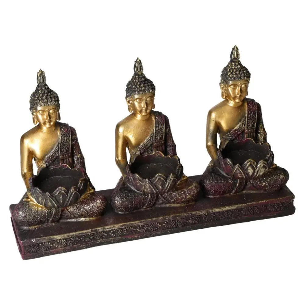 Elegant Buddha tealight holder set, featuring three gold-toned Buddha figures with intricate detailing, ideal for spiritual home decor.