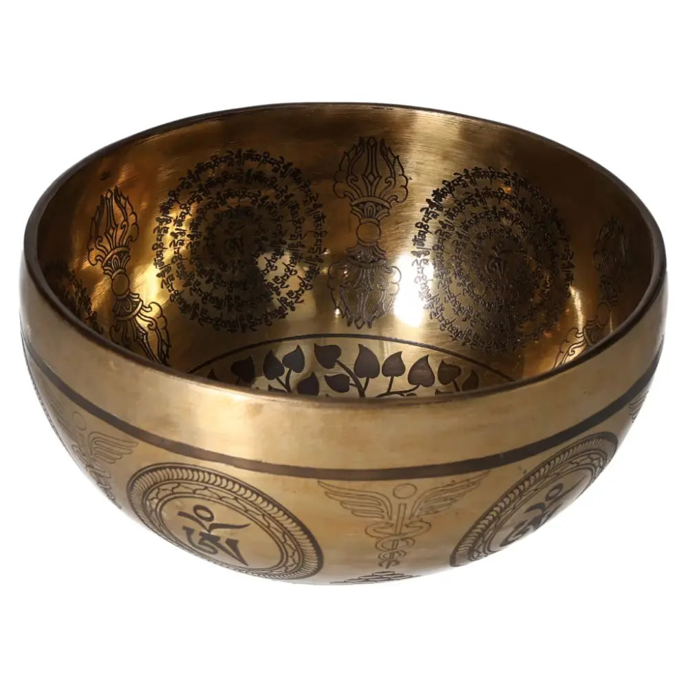 Tibetan healing bowl 16 cm with Bodhi Tree and Buddha engravings, ideal for meditation and spiritual practices.