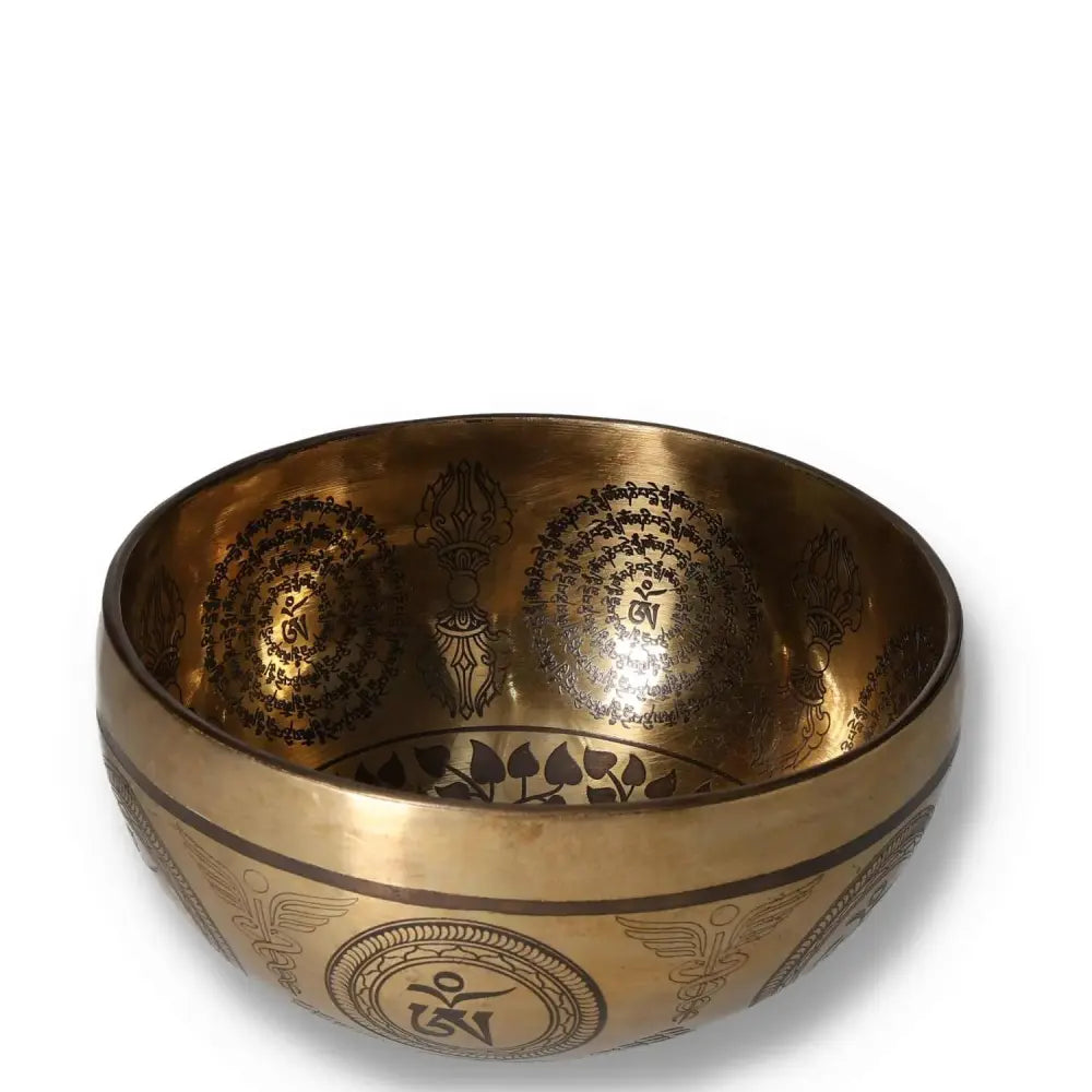 Tibetan Healing Engraved Bowl with Bodhi Tree and Buddha design, 16 cm, featuring intricate detailing for meditation and spiritual practice.