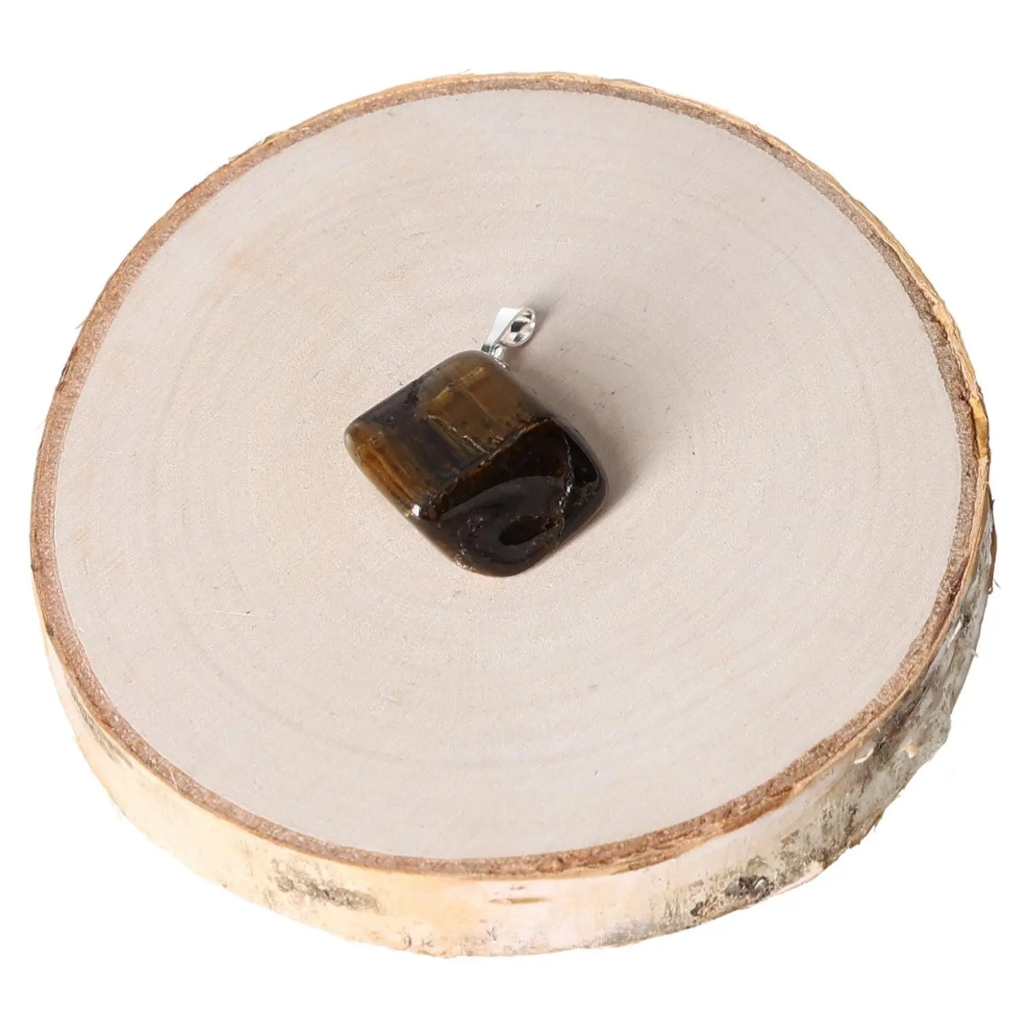 Tigers Eye Multicolor Tumbled Pendant on circular wooden background, showcasing earthy tones and unique patterns for elegant jewelry styling.