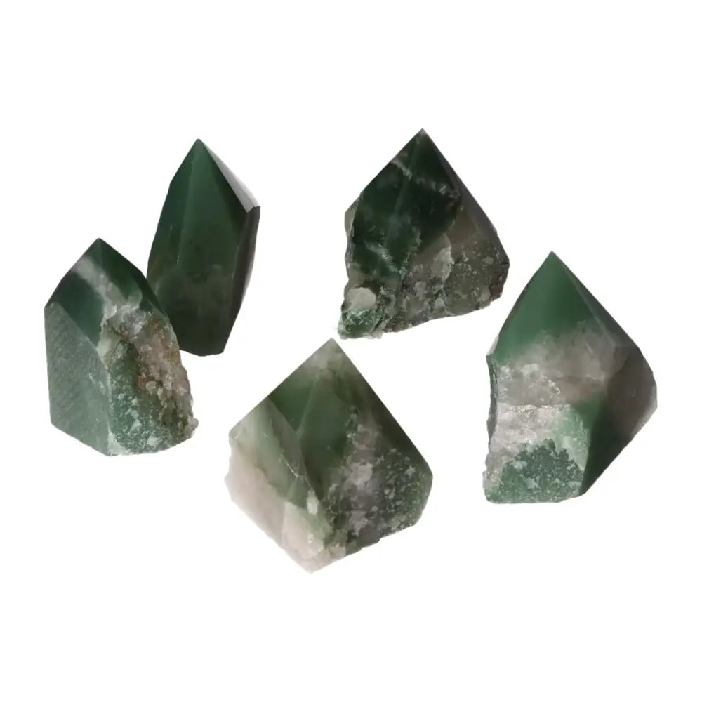 Top Polished Point Green Quartz Bi-Color M, handpicked gemstone from Sylvia Crystals, showcasing green hues and polished finish.
