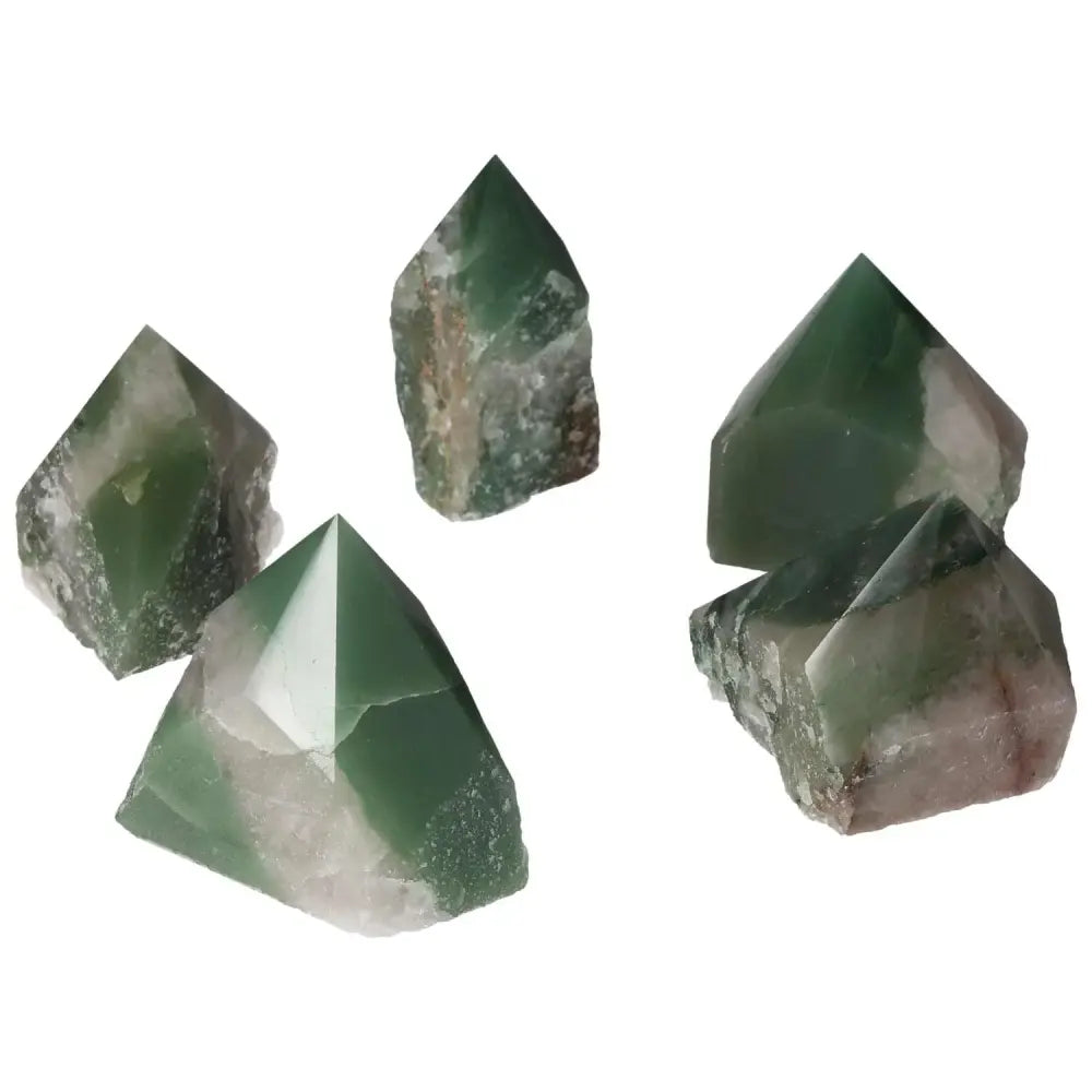 Top Polished Point Green Quartz Bi-Color M gemstones with polished finish from Sylvia Crystals, showcasing green hues and unique design.
