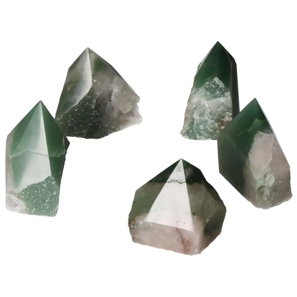 Top Polished Point Green Quartz Bi-Color gemstones with polished finish, handcrafted by Sylvia Crystals, showcasing green hues.
