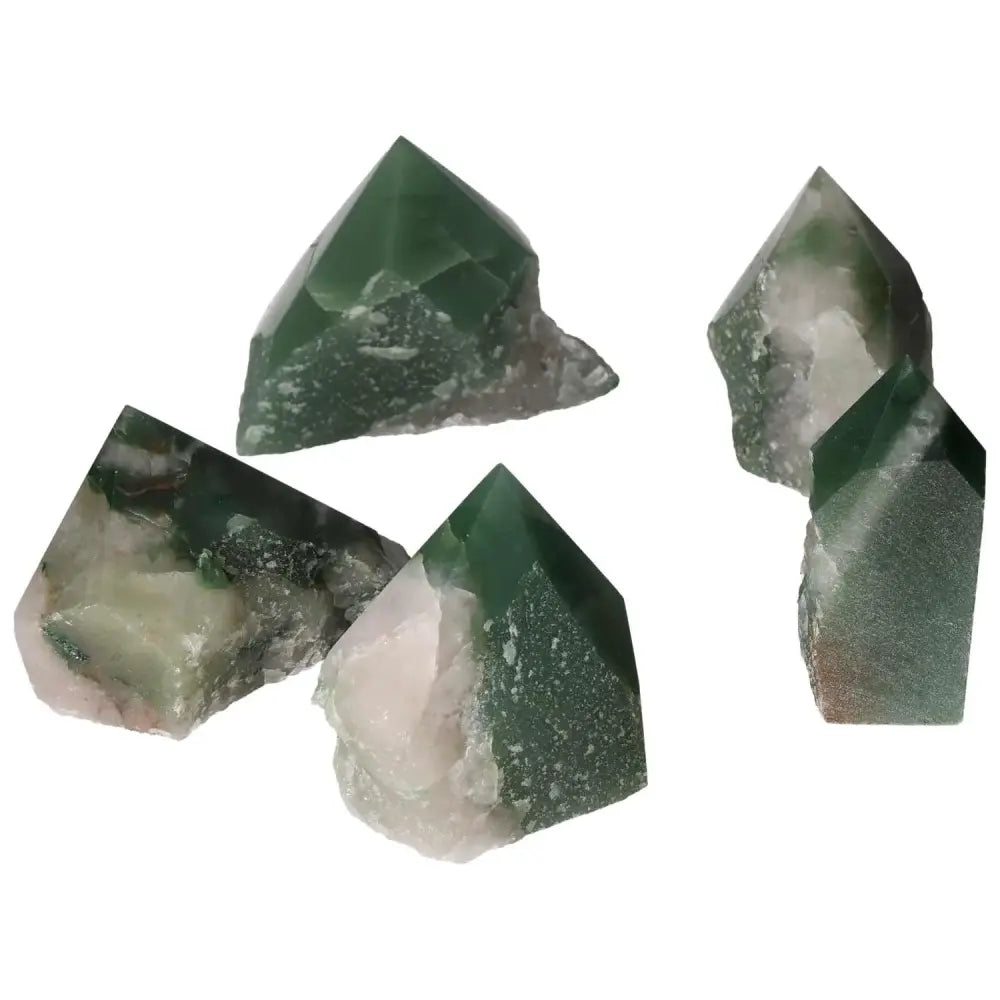 Top Polished Point Green Quartz Bi-Color M gemstones from Sylvia Crystals, showcasing a captivating polished green hue finish.