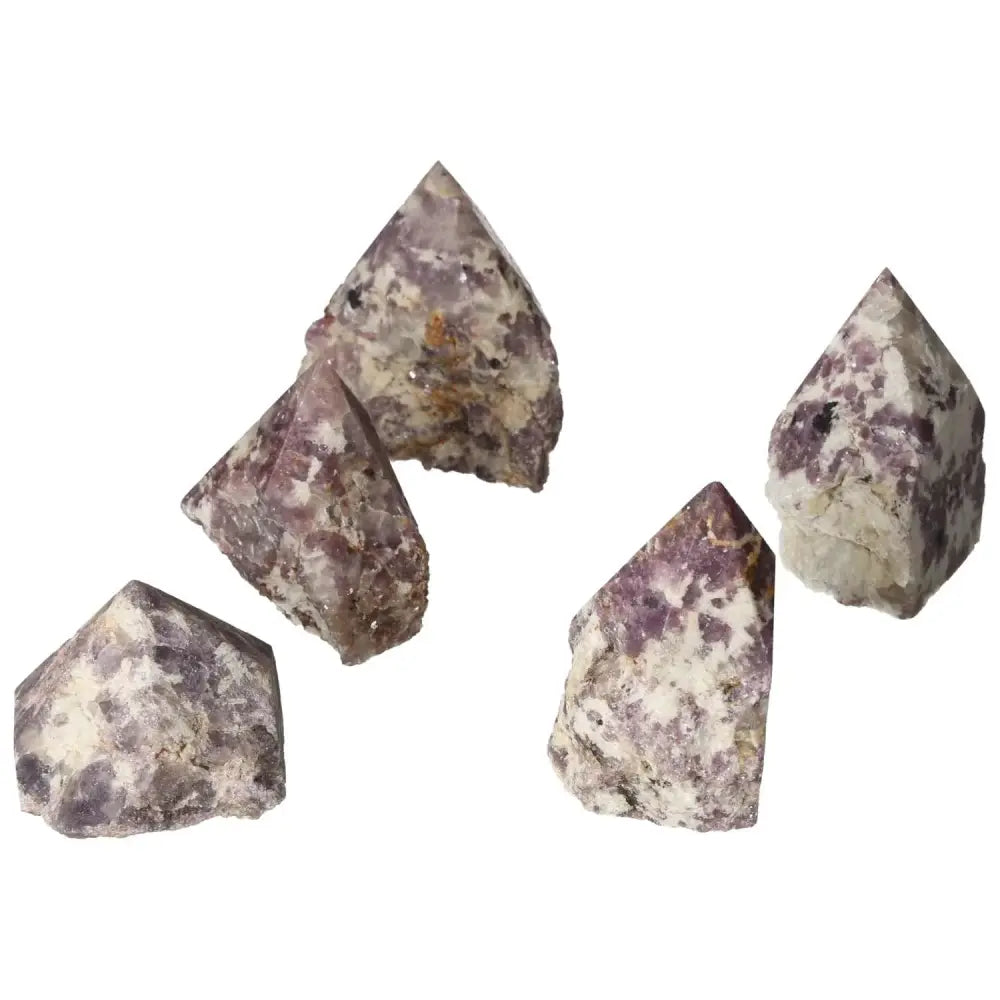 Top Polished Point Lepidolite gemstones with soothing purple hues from Sylvia Crystals, designed for emotional balance and tranquility.