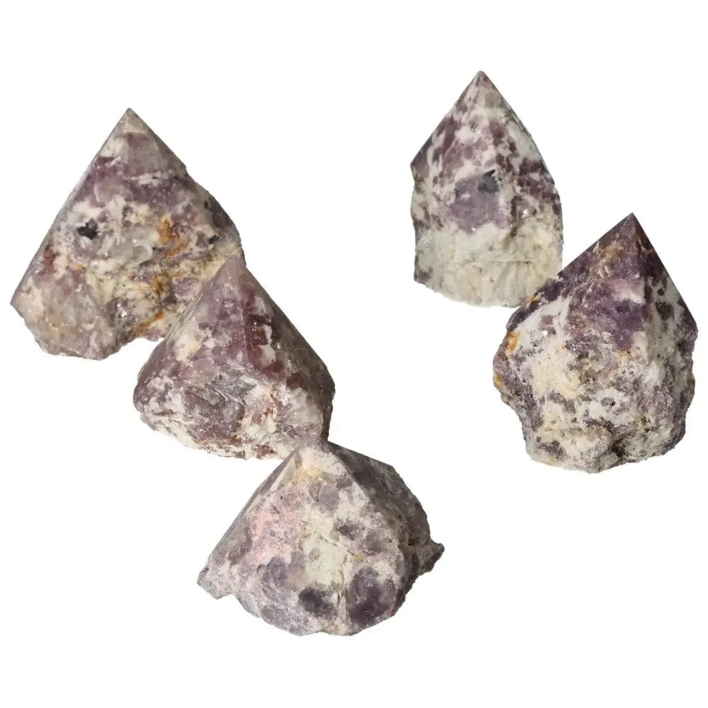 Top Polished Point Lepidolite gemstones from Sylvia Crystals, showcasing calming aura and emotional balance properties.