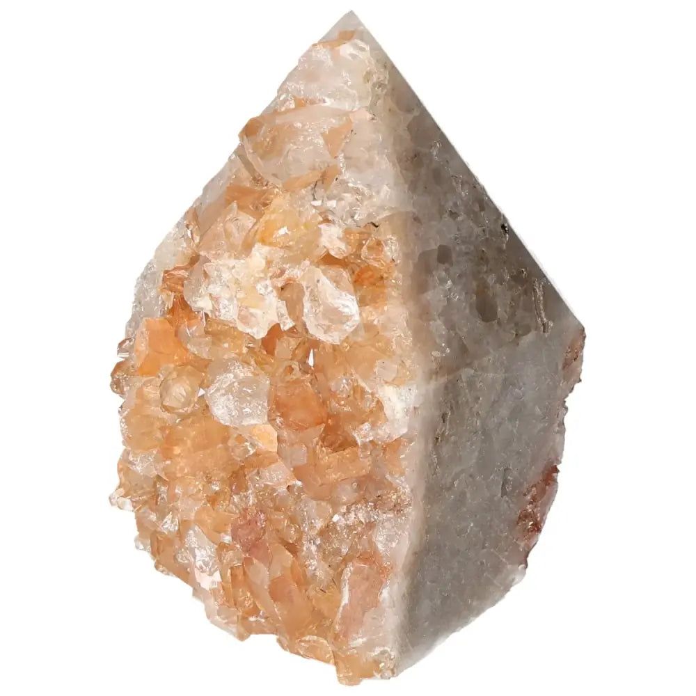 Top Polished Point Quartz Tangerine Crystal showcasing vibrant hues and expert craftsmanship from Sylvia Crystals.