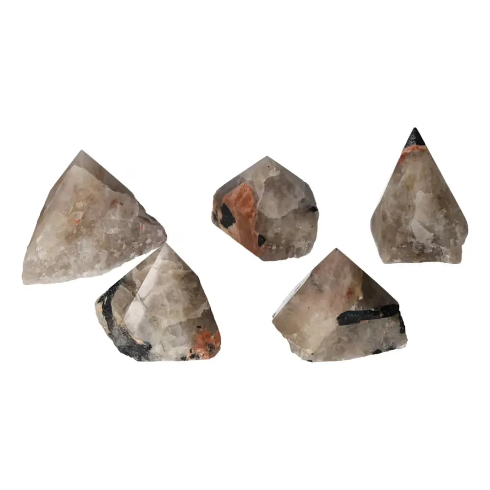 Top Polished Point Quartz with Tourmaline Gemstones by Sylvia Crystals, featuring unique black tourmaline inclusions for spiritual elegance.