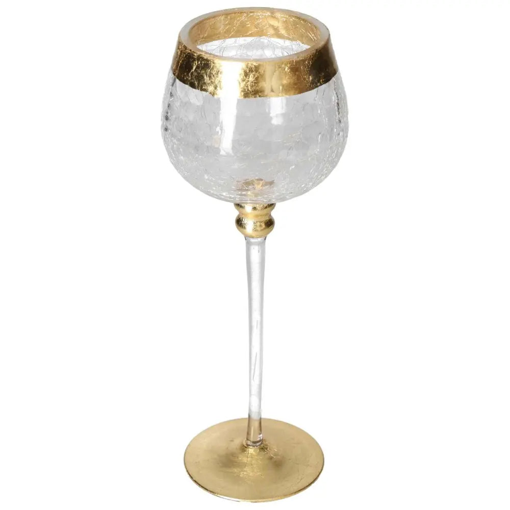 Translucent goblet with gold decorative elements and long stem, designed by Sylvia Crystals, epitomizing luxury and elegance.