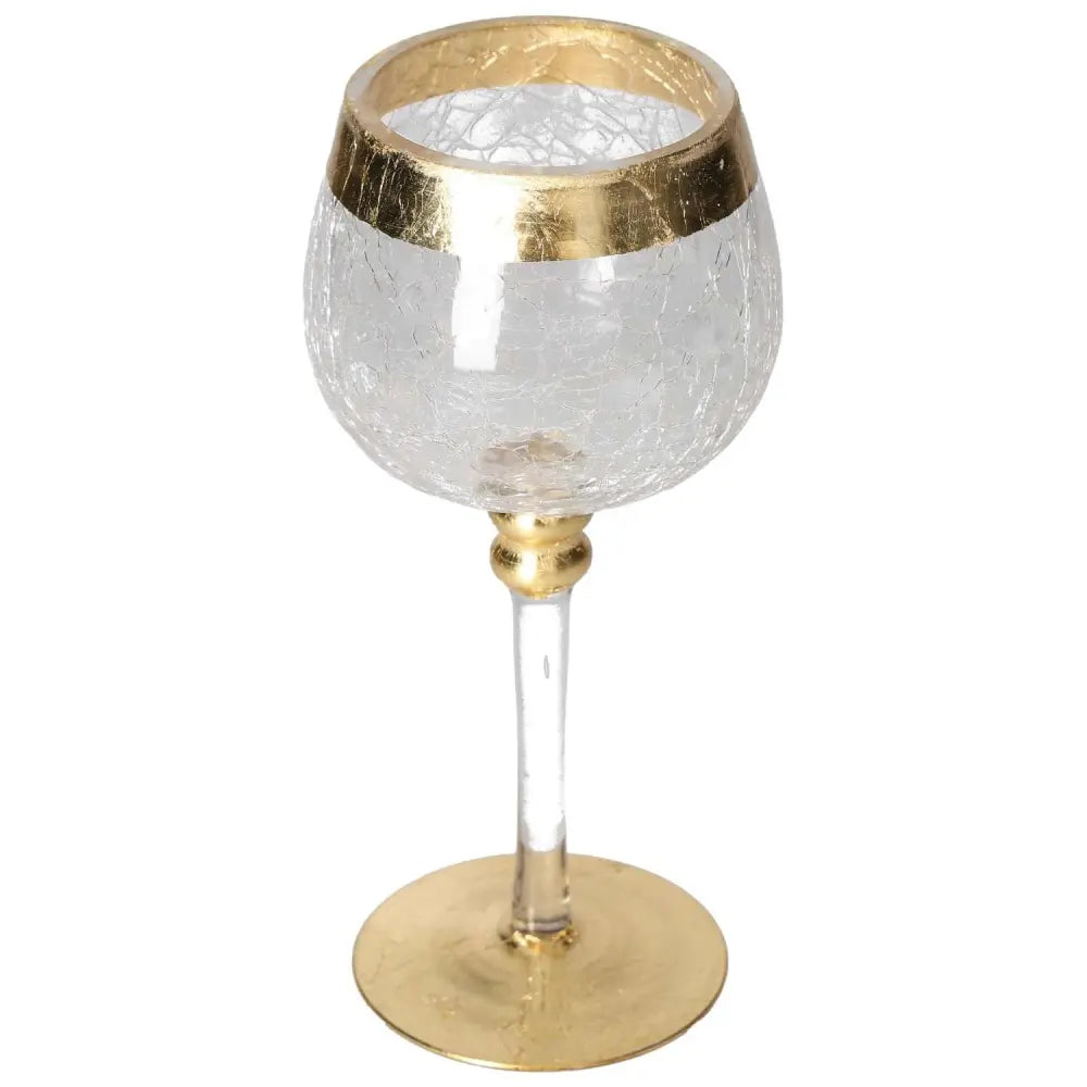 Elegant translucent goblet with gold decorative elements, embodying luxury and spirituality from Sylvia Crystals.