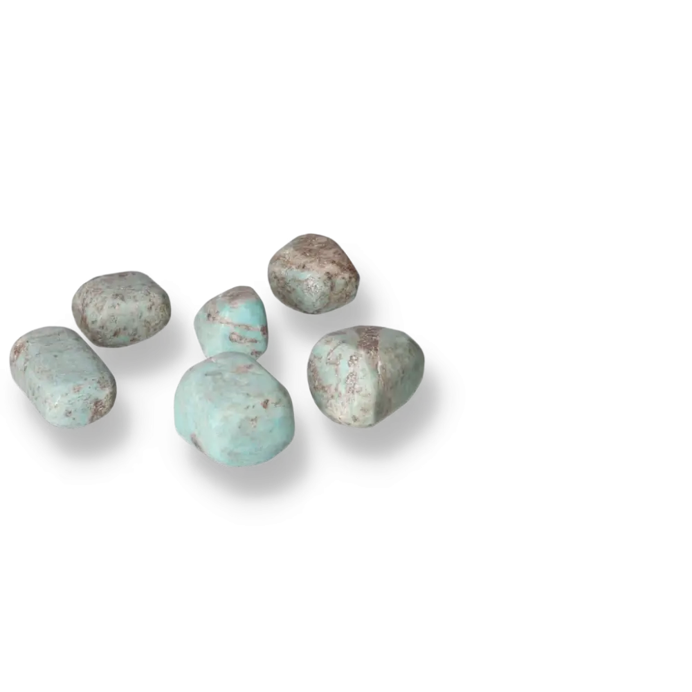Tumbled Amazonite gemstones in calming turquoise and green shades, promoting emotional balance and clear communication.