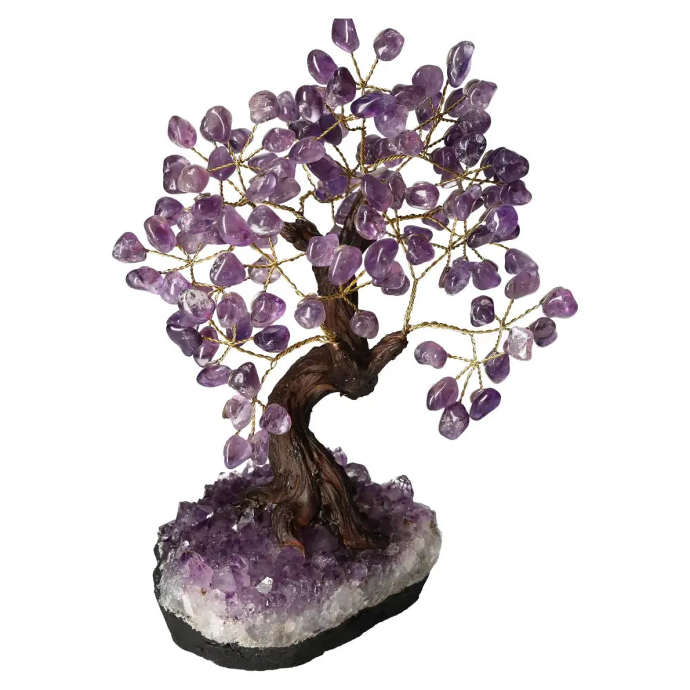 Tumbled Amethyst Crystal Bonsai Tree 30 cm for tranquility and protection, featuring genuine gemstone leaves for spiritual harmony.