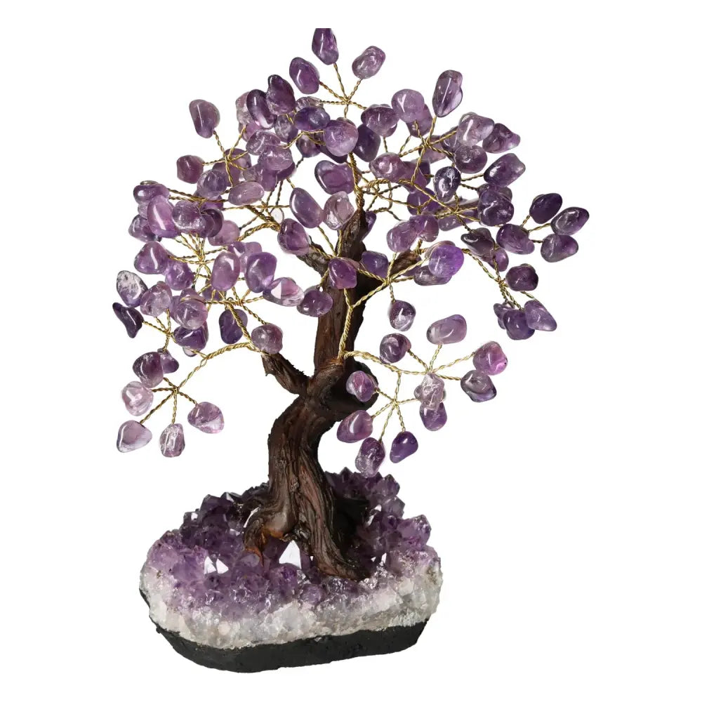 Amethyst Crystal Bonsai Tree with genuine tumbled gemstone leaves, promoting calming energy, protection, and spiritual harmony.