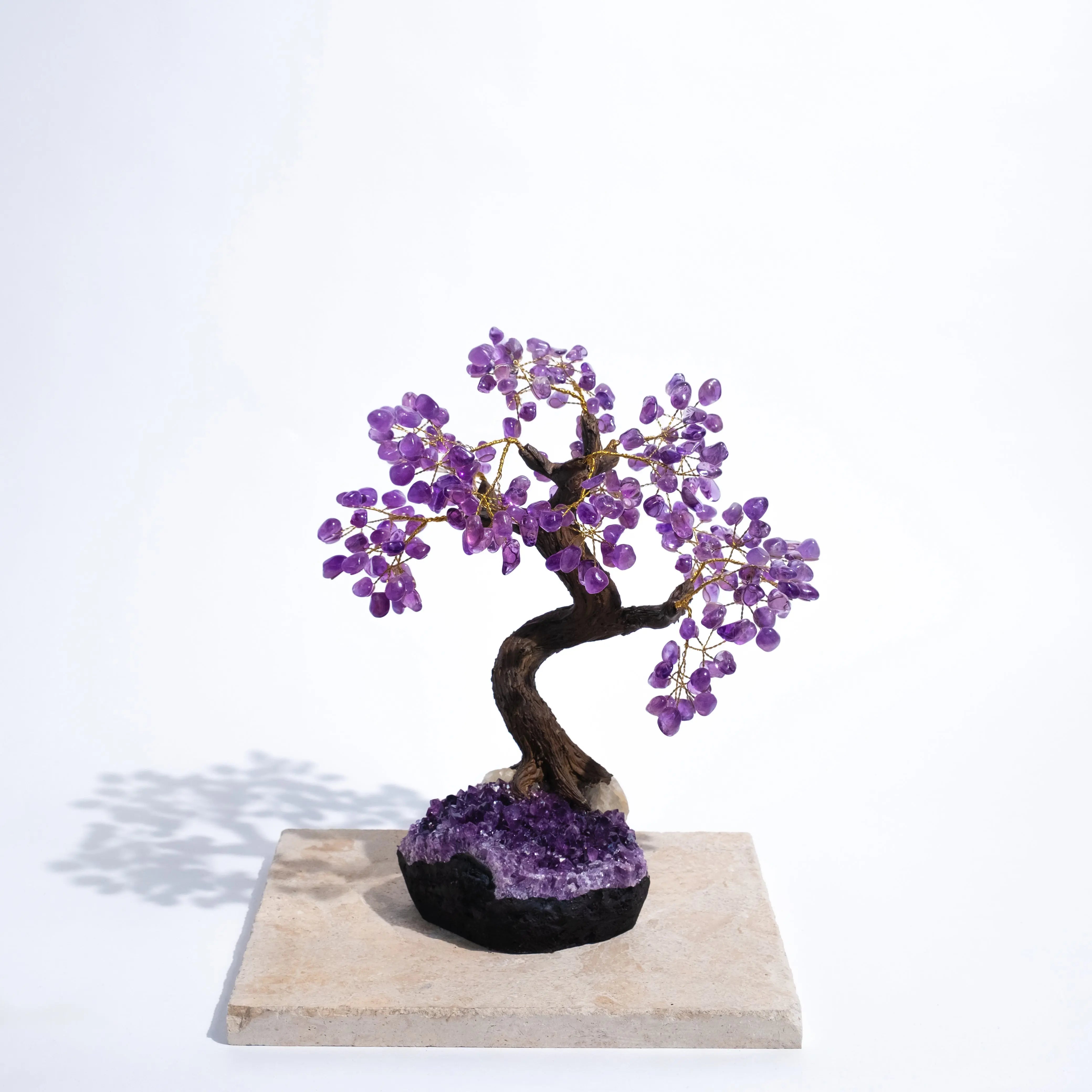 Tumbled Amethyst Tree 45 cm handcrafted bonsai with genuine gemstone leaves, promoting calming energy and spiritual harmony.