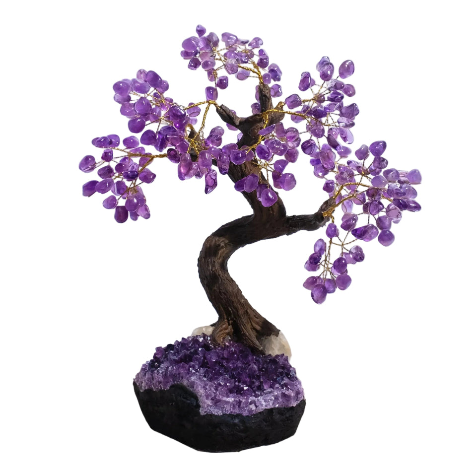 Tumbled Amethyst Tree 45 cm handcrafted bonsai with genuine gemstone leaves, promoting calming energy and spiritual harmony.