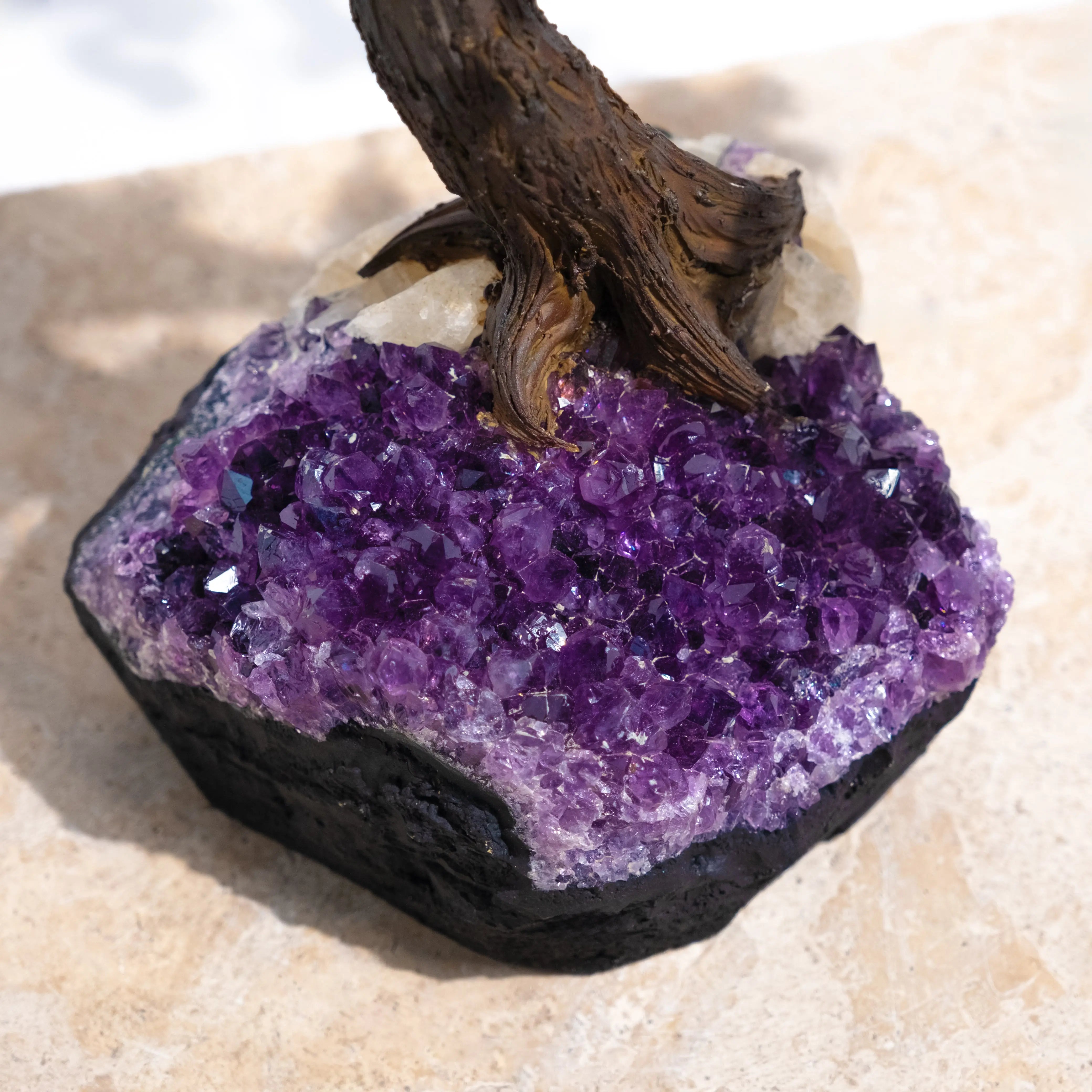 Close-up of amethyst crystals on a handcrafted bonsai tree, showcasing its vibrant purple hue and intricate craftsmanship.
