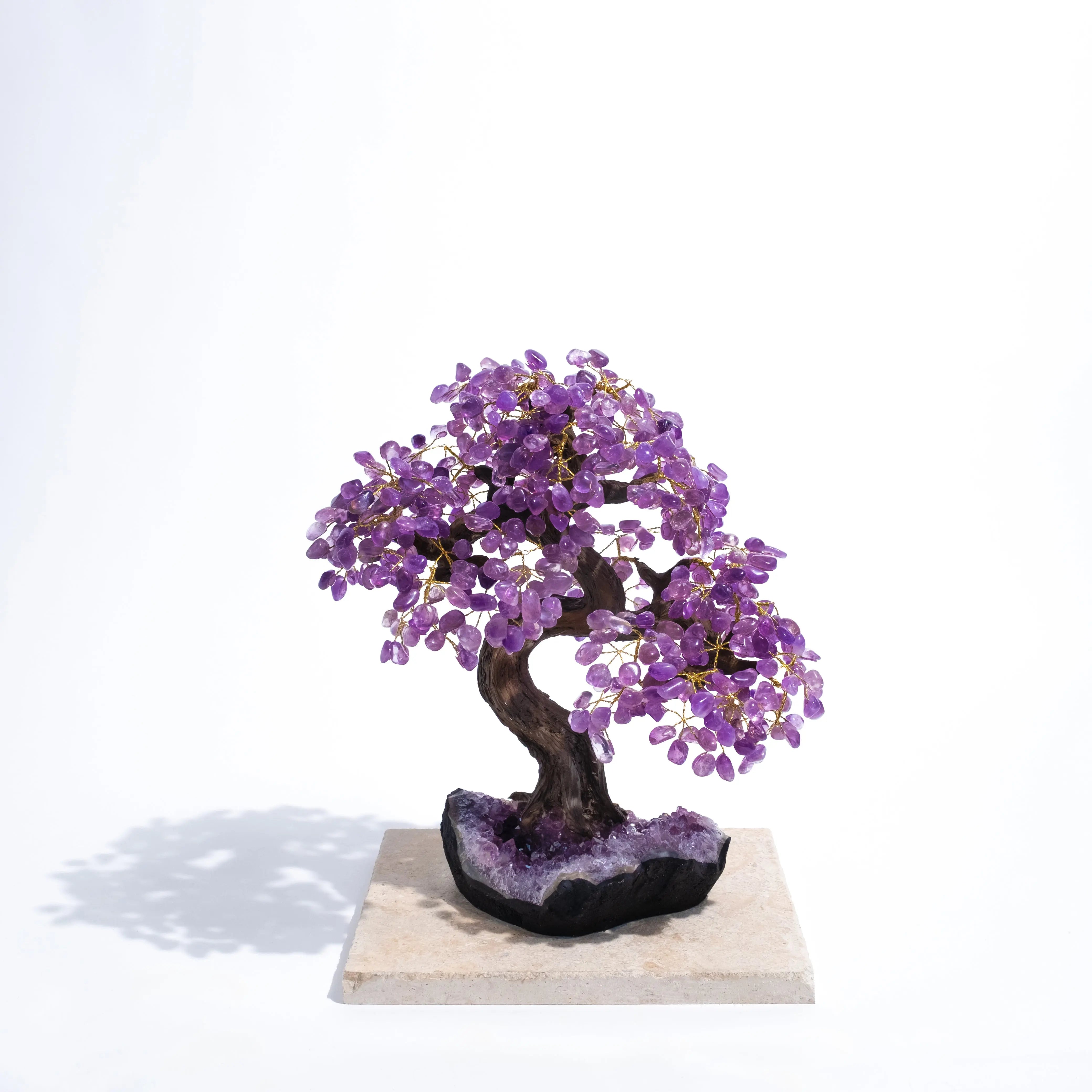 Tumbled Amethyst Crystal Bonsai Tree on stone base, 55 cm. Features genuine gemstones for calming energy and spiritual harmony.