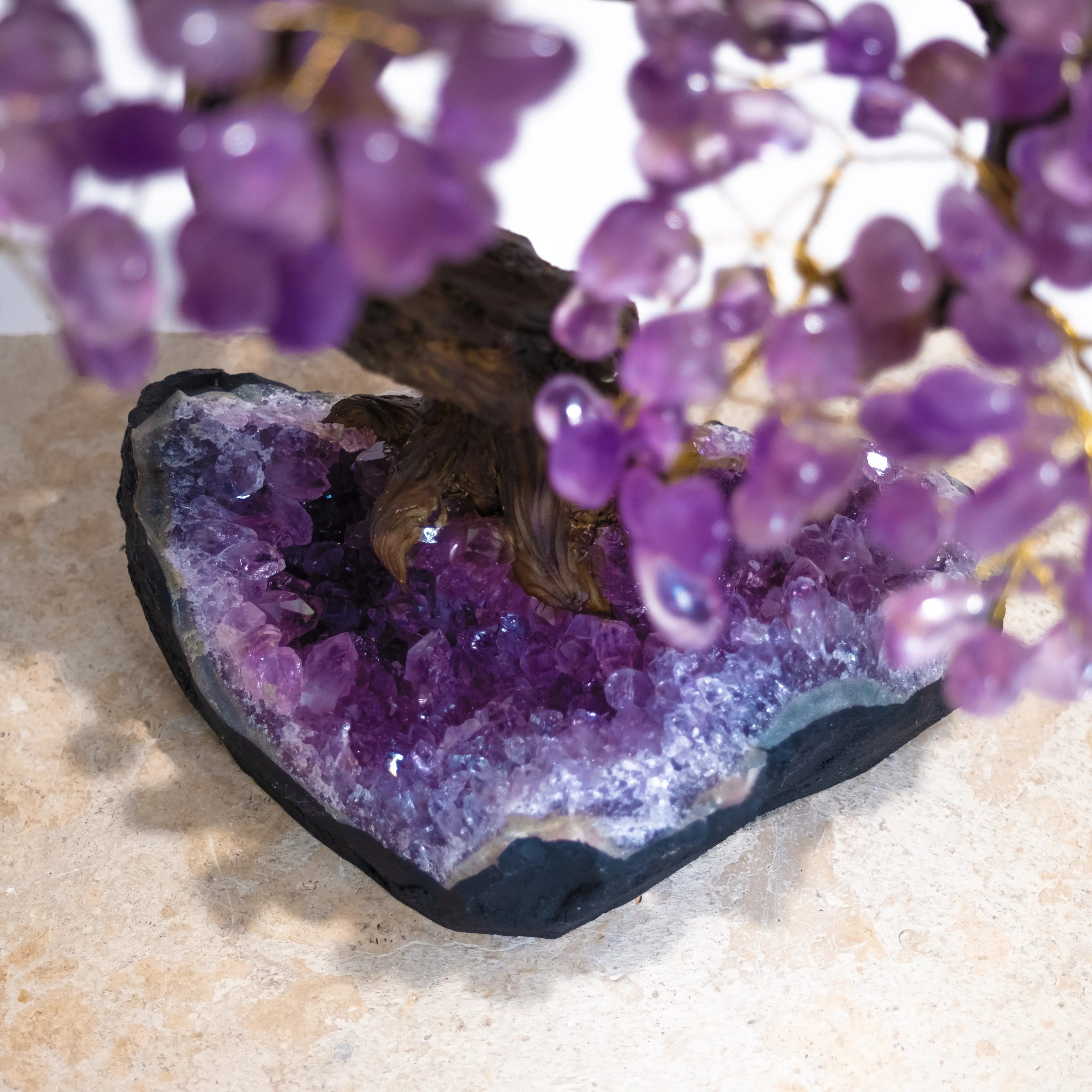 Tumbled Amethyst Bonsai Tree with Gemstone Leaves on Amethyst Base