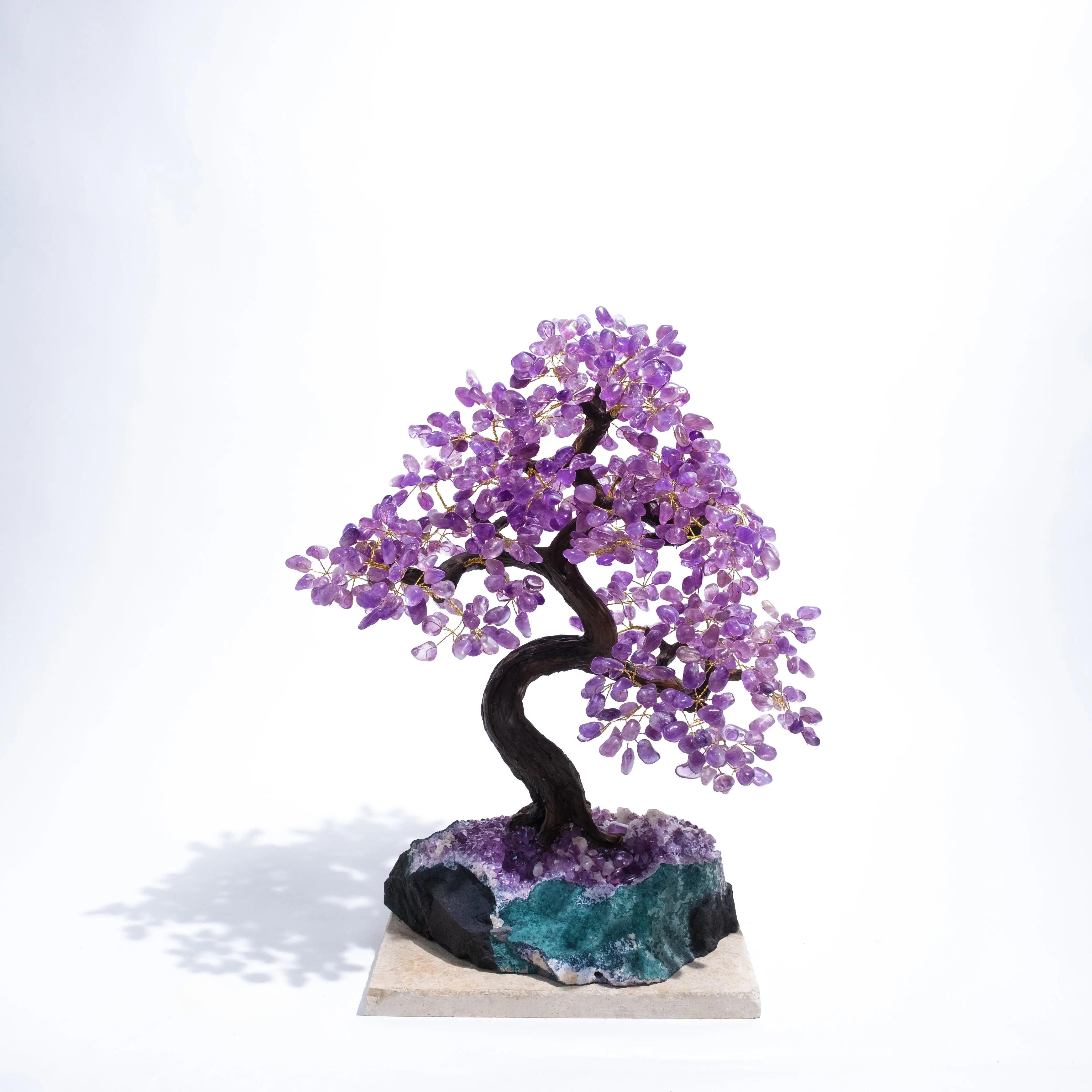 Tumbled Amethyst Crystal Bonsai Tree 65cm with calming and protective energy, handcrafted with genuine amethyst gemstone leaves