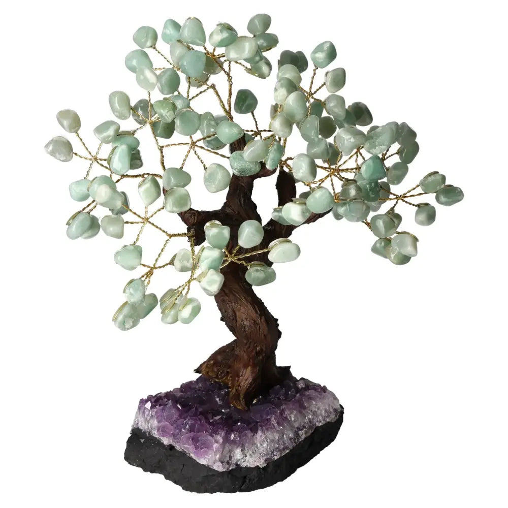 Elegant 30cm Tumbled Aventurine Crystal Bonsai Tree, symbolizing prosperity and positive energy, on an amethyst base.