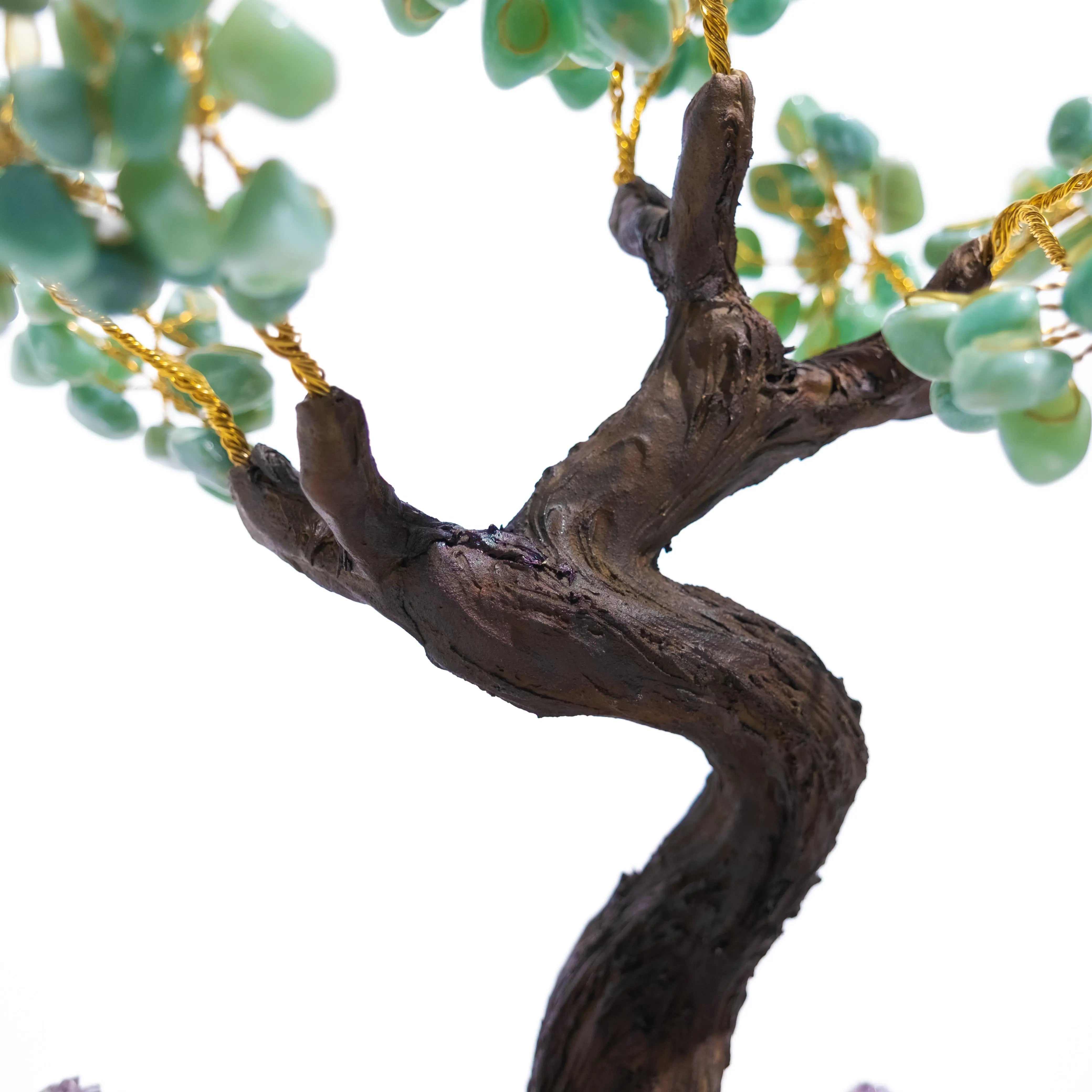 Close-up of a handcrafted Aventurine Crystal Bonsai Tree showcasing detailed branches for prosperity and positive energy.