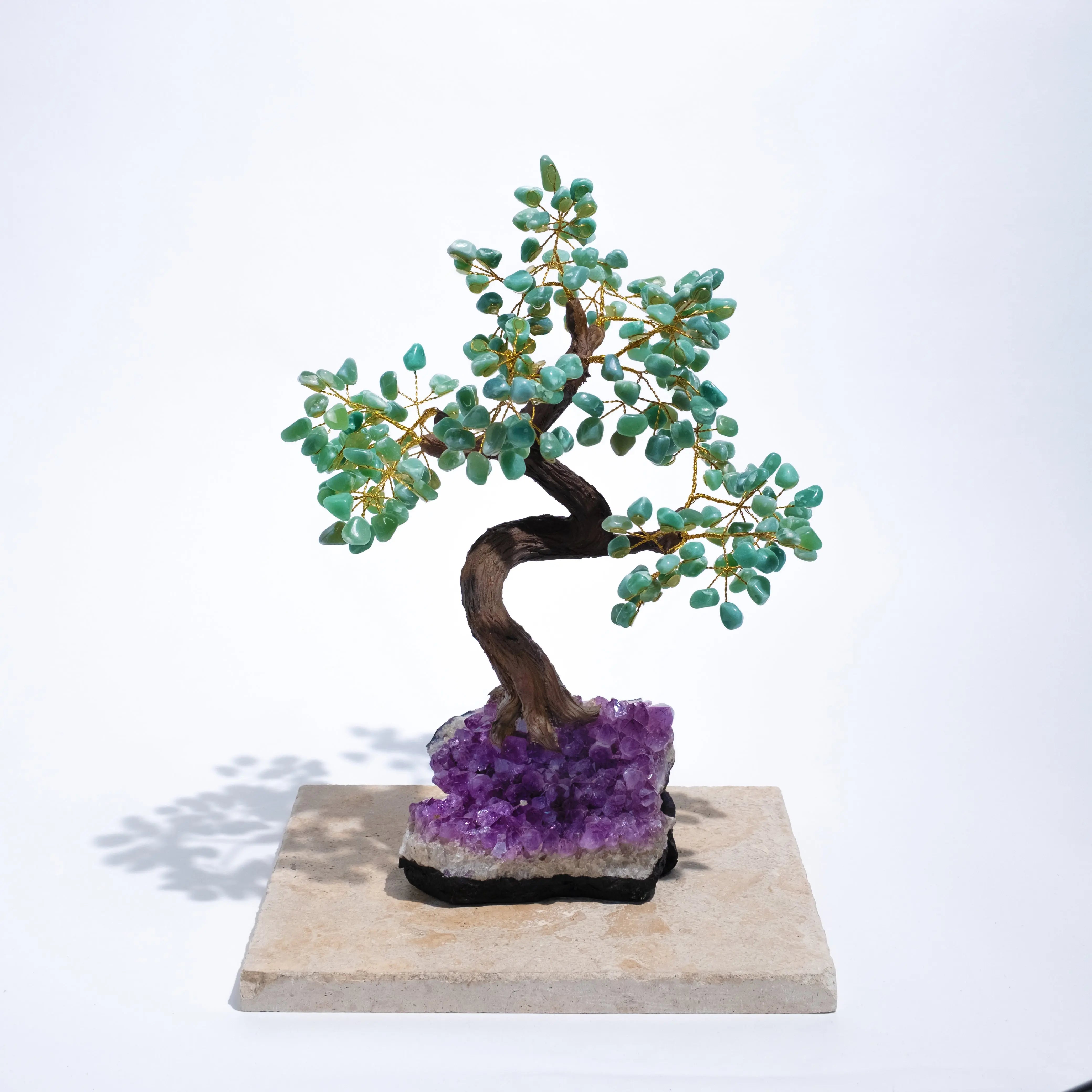 Aventurine crystal bonsai tree on amethyst base, symbolizing prosperity, harmony, and positive energy, 45cm tall.