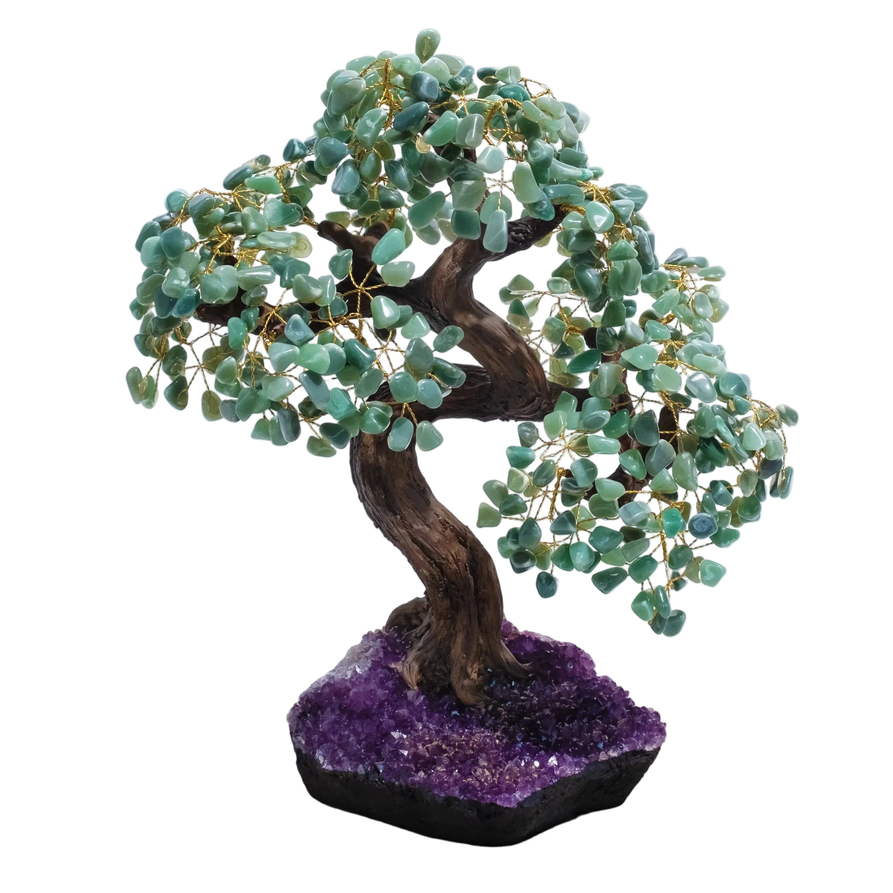 Tumbled Aventurine Crystal Bonsai Tree on Amethyst Base, 55cm tall, symbolizing prosperity and harmony with green aventurine leaves.