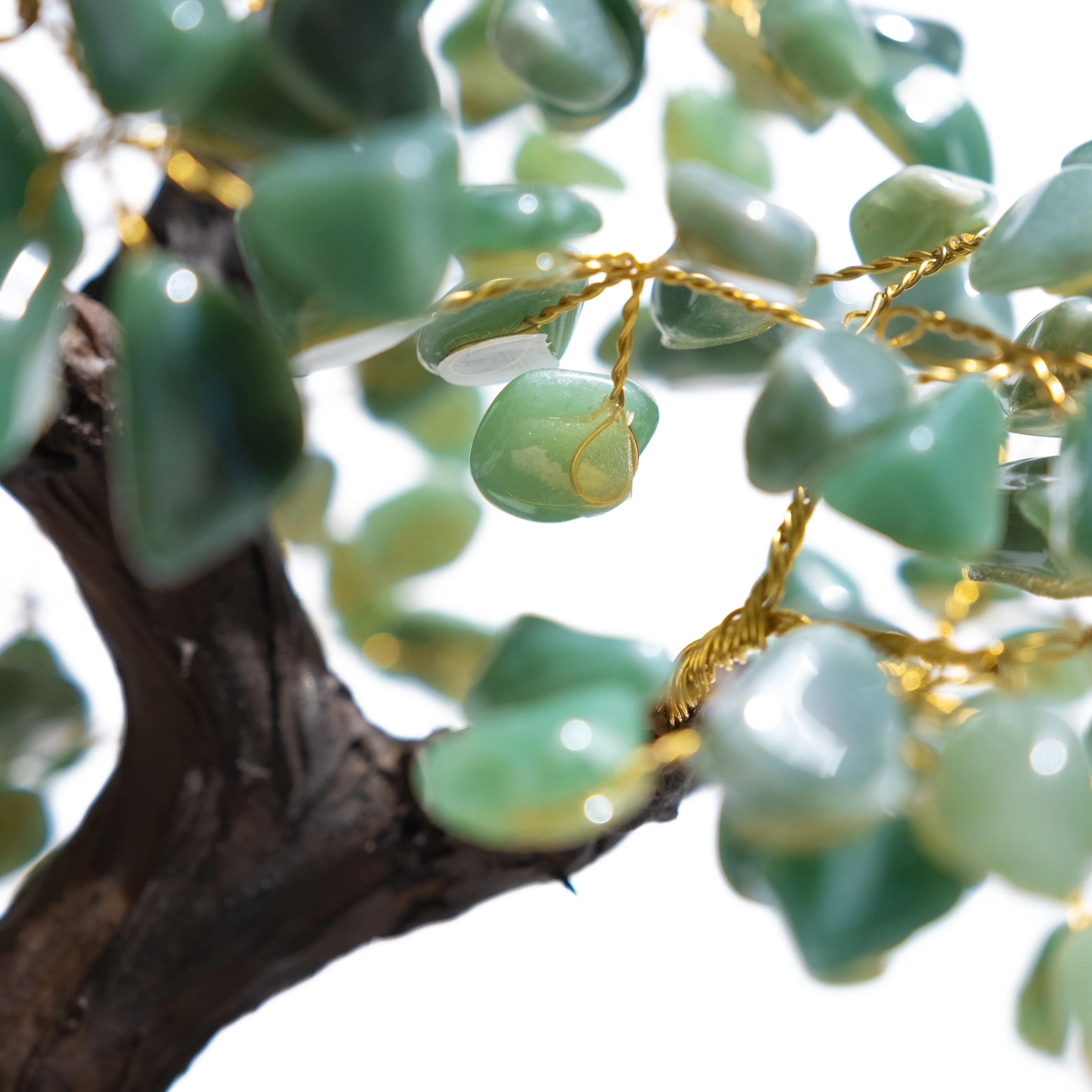 Close-up of a handcrafted 55cm Tumbled Aventurine Crystal Bonsai Tree promoting prosperity and harmony with green aventurine stones.